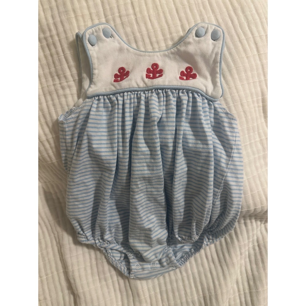 Shrimp & Grits Kids Boys Blue White Striped Anchor Embroidered Bubble Romper 18M